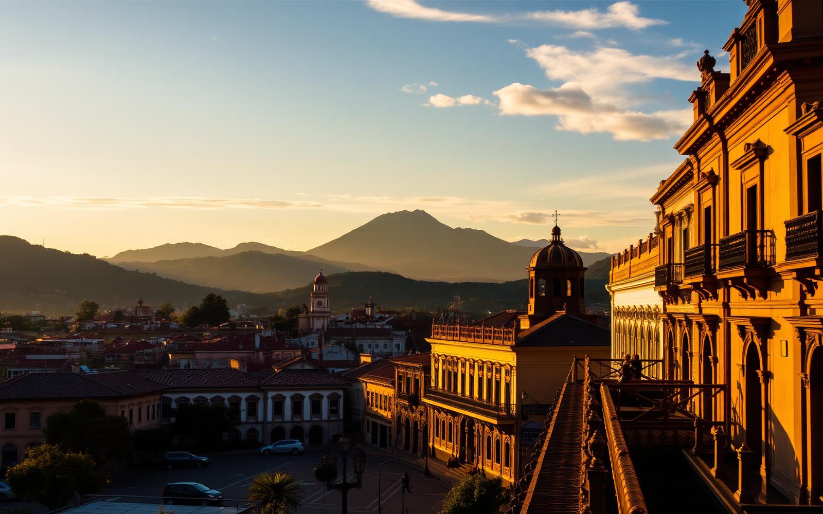 Ecuador colonial architecture at golden hour
